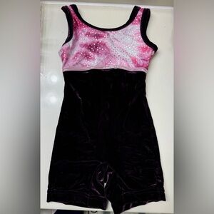 Danskin girls gymnastics leotard. Velour eggplant, pink, & white w/silver dots.